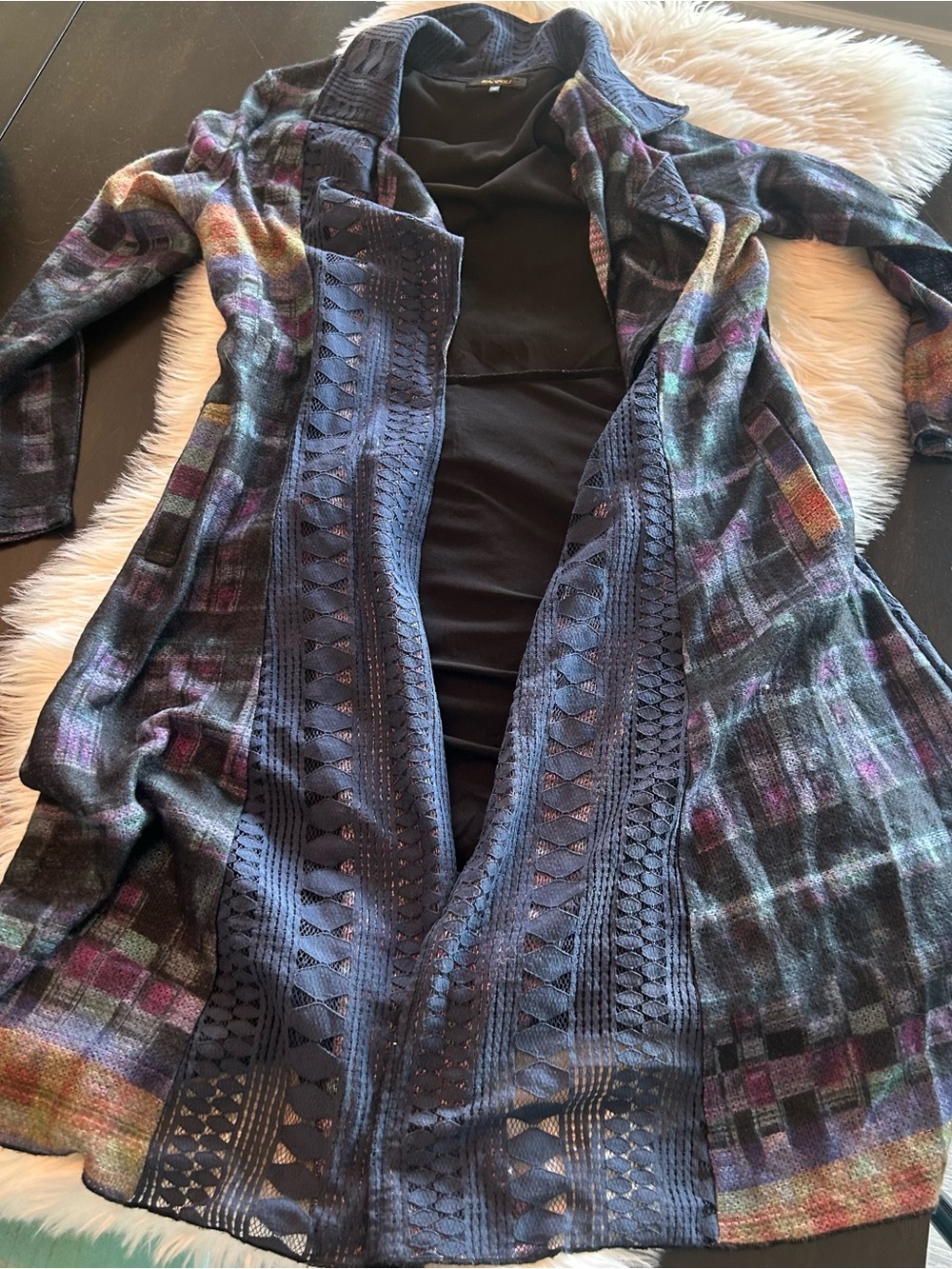Long Stunning Radzoli Patchwork Duster, Plaid Knit Open-Front Coatigan